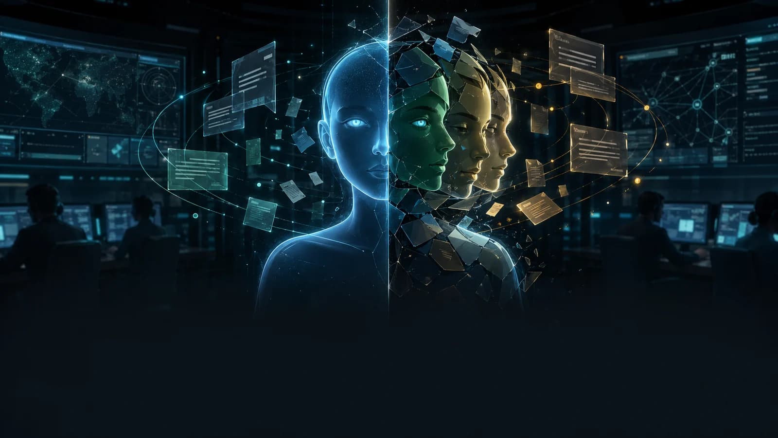 Digital faces separating inside a futuristic control room
