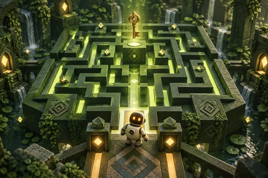 A tiny robot facing a maze of glowing green puzzle blocks
