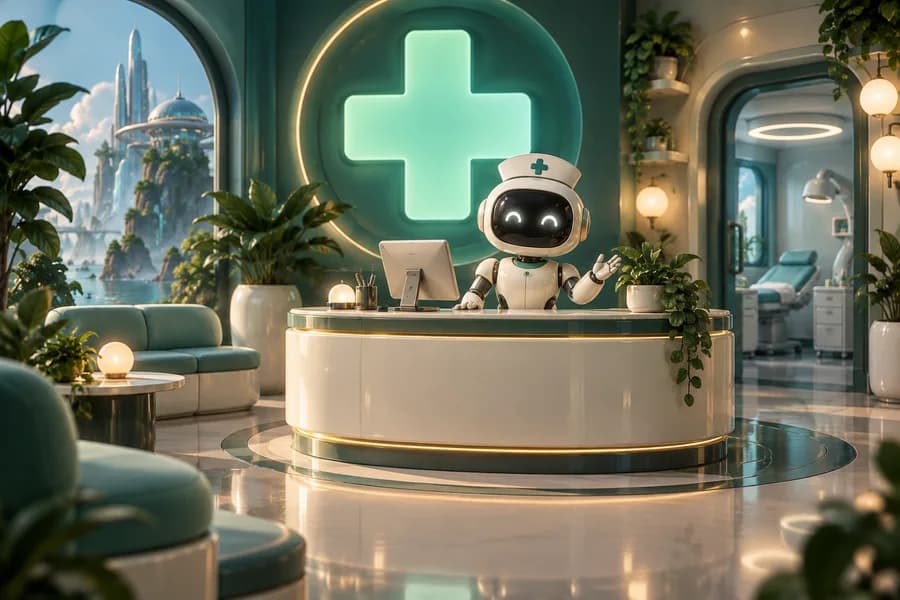 A clean futuristic clinic with a glowing medical cross